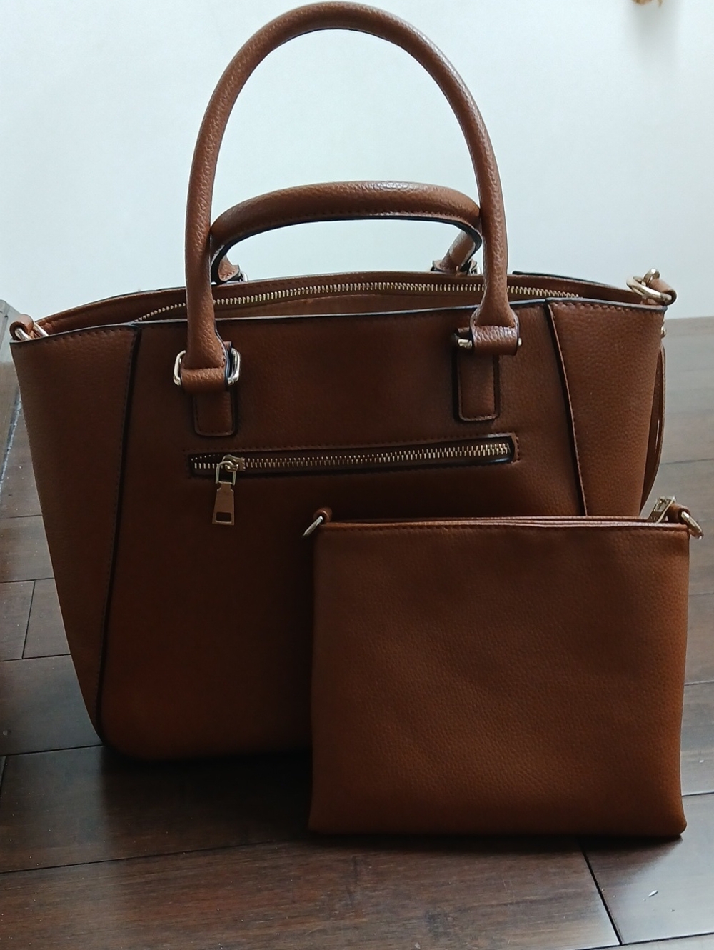 Classic Brown Women's Tote Handbag with Removable Pouch